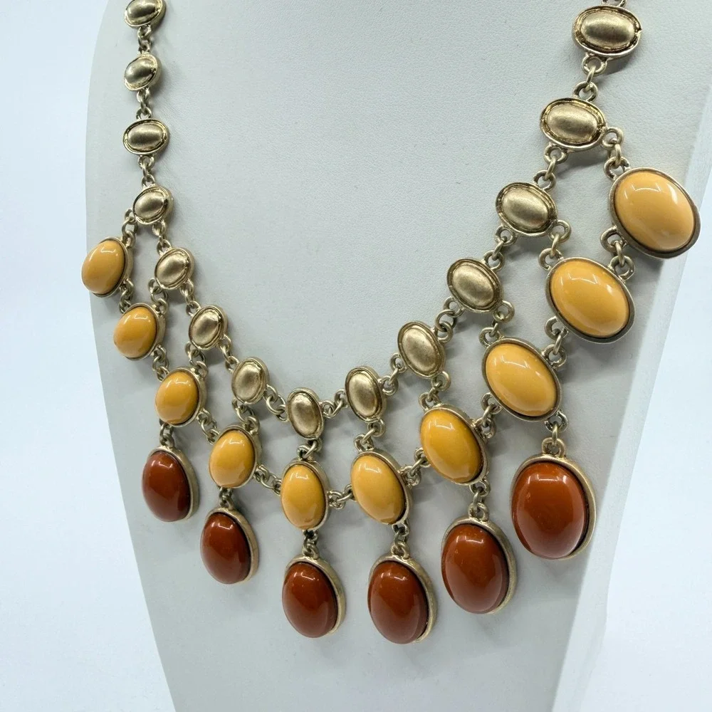 Vintage Amber & Yellow Cabochon Gold Tone Layered Bib Necklace